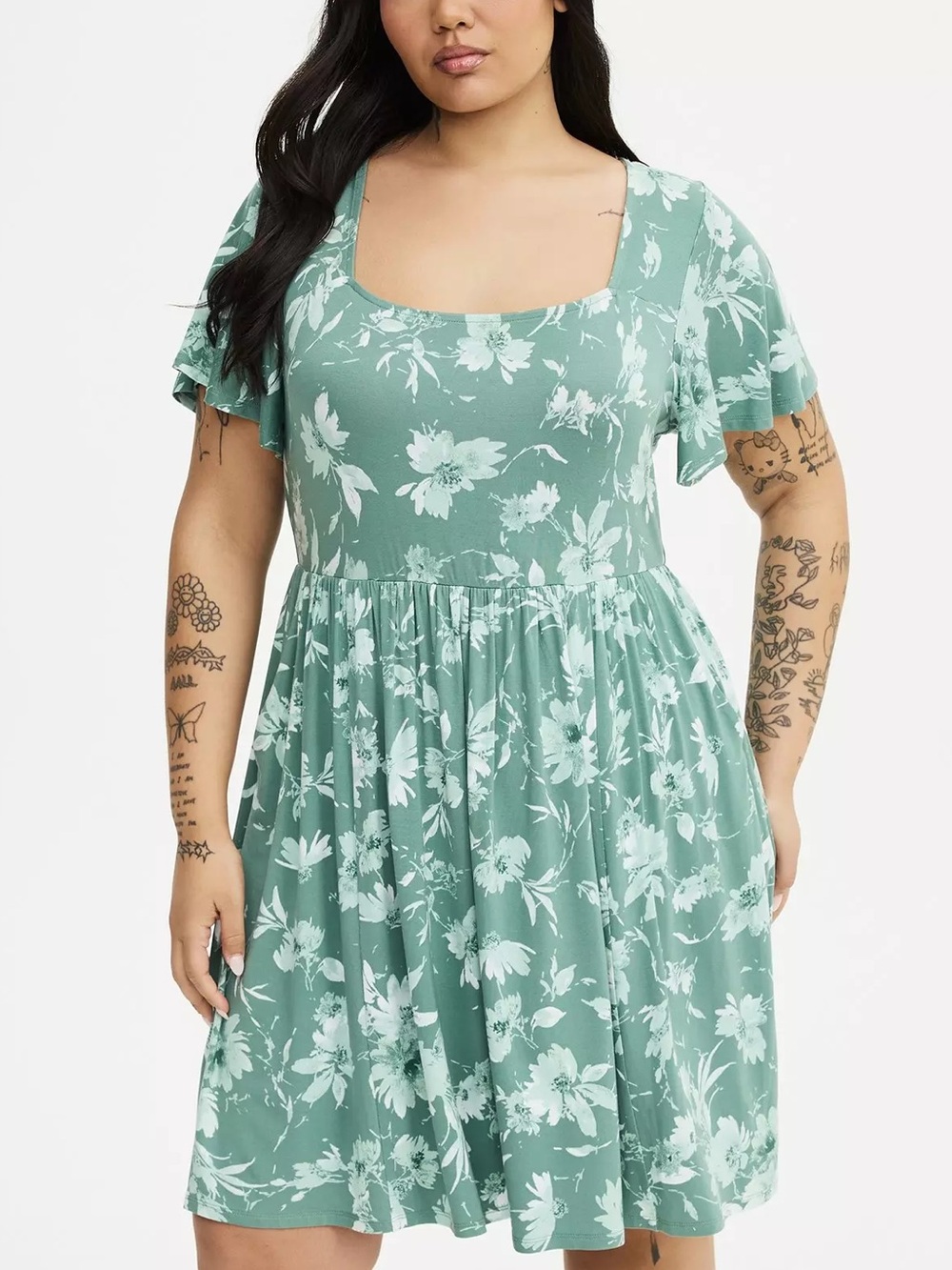 torrid Flutter Sleeve Skater Mini Dress Refreshing Sunflower Floral Green